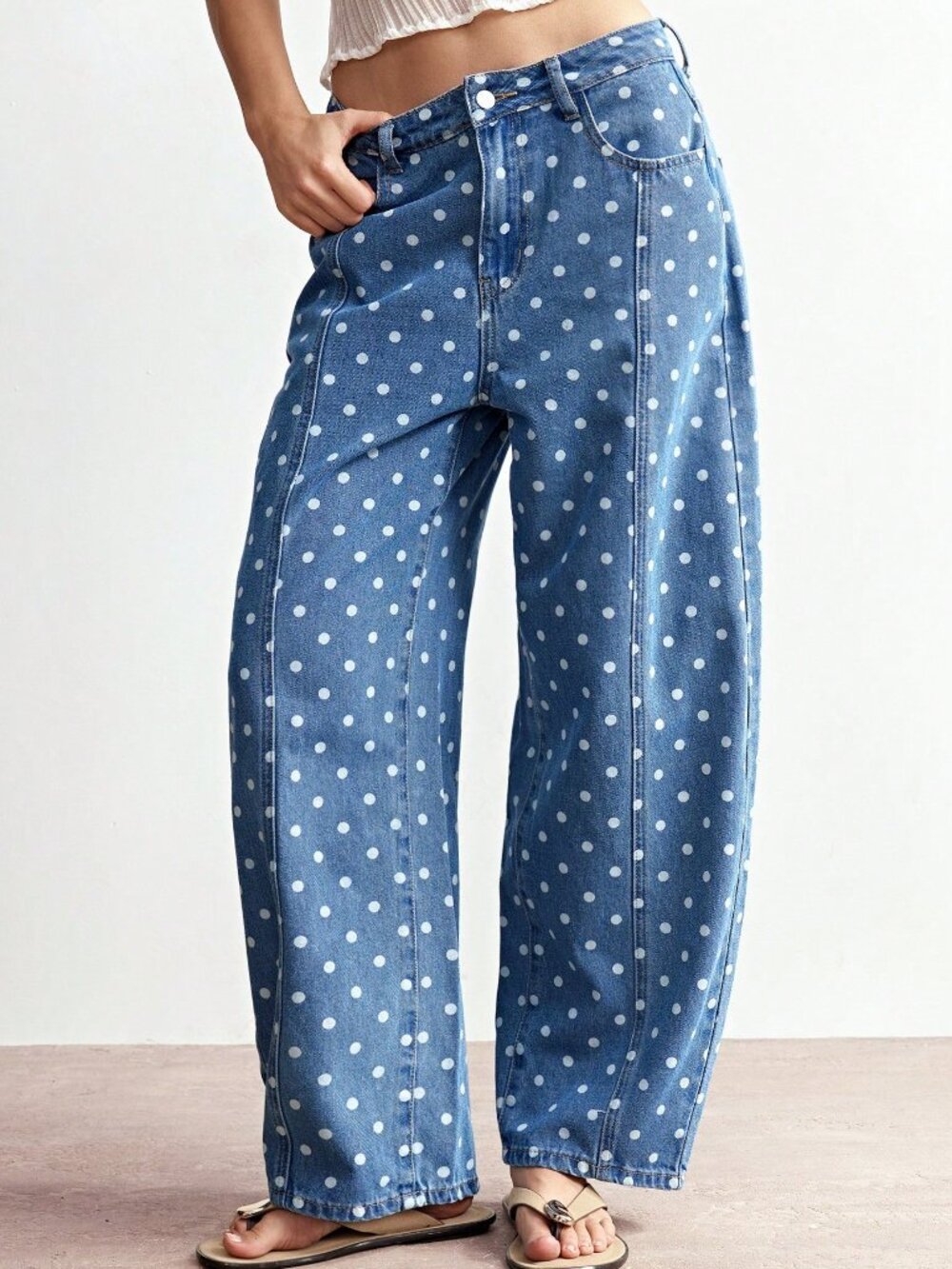 Blue Casual Women's Polka Dot Woven Denim Loose Long Pants